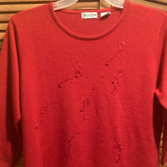 Tian Collection Red Knit Sweater with Sequins Front & Beaded Hem - Picture 3 of 16